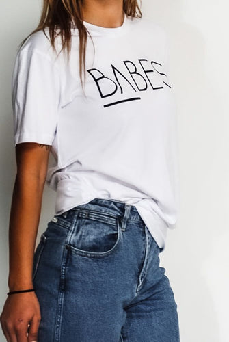 girl in personalised babes tee, white tee